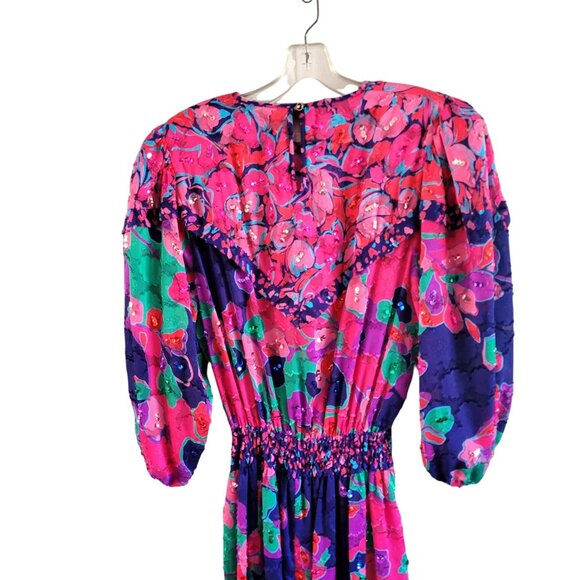 Vintage Diane Freis Original Floral Georgette Dress With Puff Sleeves & Smocked - Picture 4 of 6